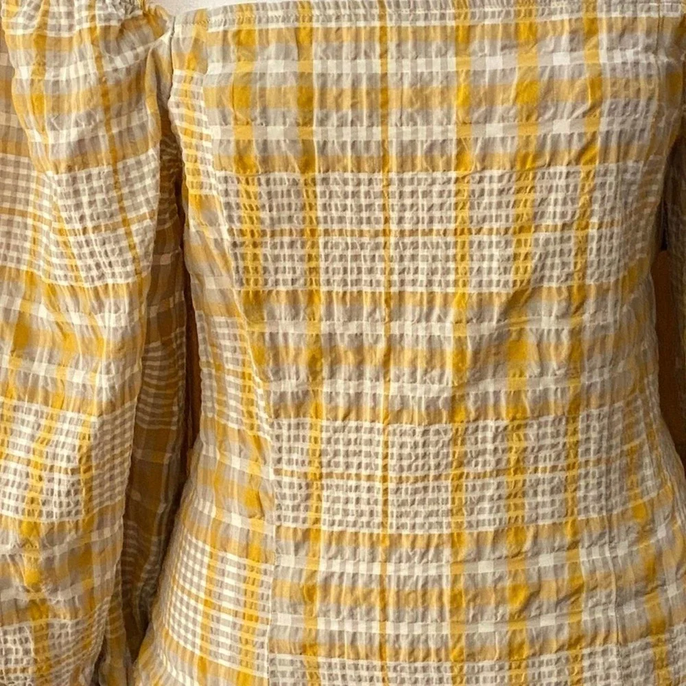 Anthropologie Maeve Plaid Print Square-Neck Blouse Puff Sleeves Cream Yellow Top